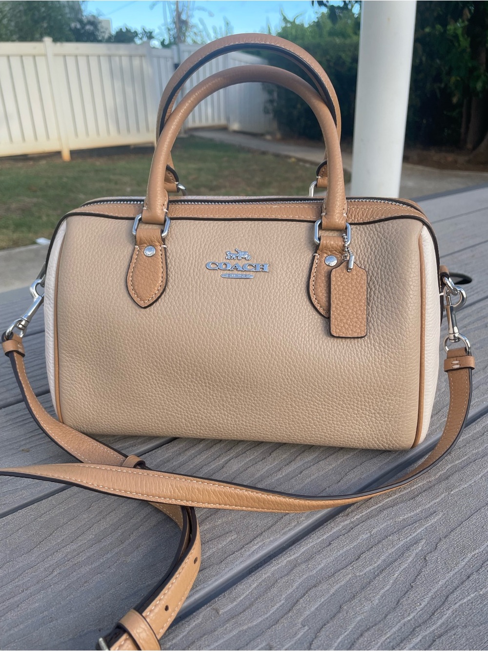 COACH Medium Tan and Cream Pebbled Leather Rowen with Detachable Strap